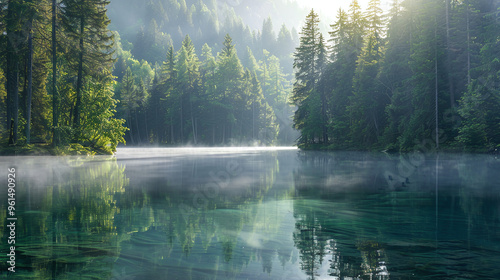 Vast pine forests where sun at dawn softly illuminates trees and transparent lakes