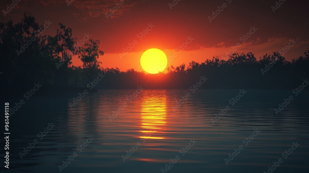 A serene landscape captures the beauty of a golden sunset reflecting on a tranquil body of water. The silhouette of trees against the fiery sky creates a sense of peace and tranquility. This scene sym A serene landscape captures the beauty of a golden sunset reflecting on a tranquil body of water. The silhouette of trees against the fiery sky creates a sense of peace and tranquility. This scene sym