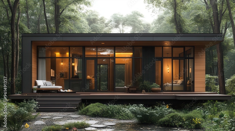 photorealistic 3d rendering of a minimalist tiny house exterior featuring sustainable materials large windows and seamless integration with natural surroundings