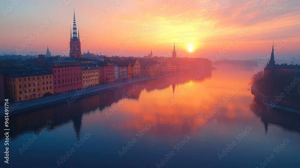 Naklejka premium aerial view of stockholms old town at golden hour colorful historic buildings reflected in calm waters winding cobblestone streets church spires