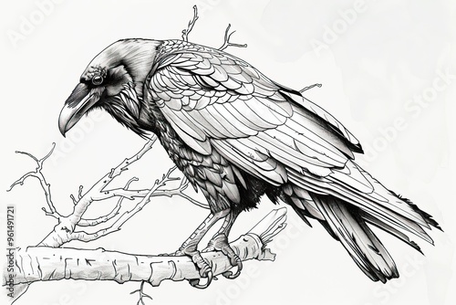black-and-white illustration of a raven perched on a branch, coloring page