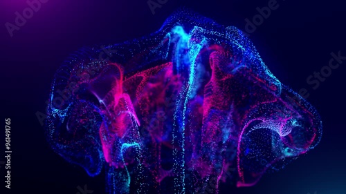 Fluid motion of dust particles with bokeh. Modern futuristic background of blue and purple neon dust particles exploding.
