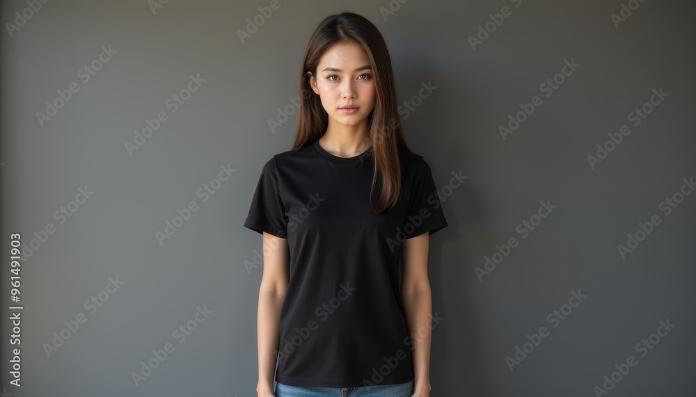 A young woman poses confidently in a black t-shirt against a neutral backdrop, showcasing a modern and stylish look. A young woman poses confidently in a black t-shirt against a neutral backdrop, showcasing a modern and stylish look.