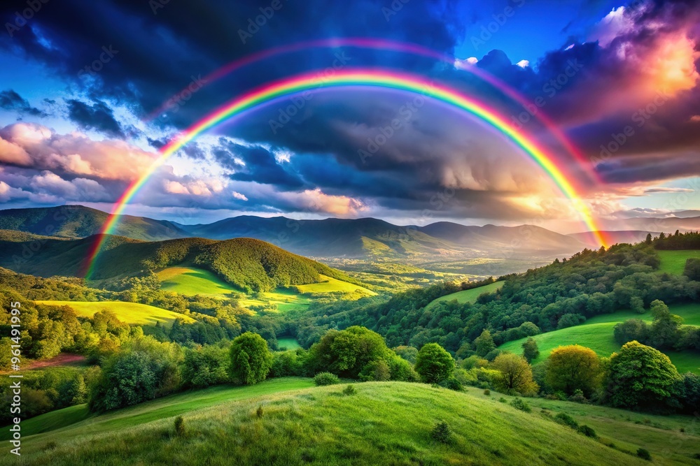 Vibrant full rainbow stretches across a serene blue sky, its colors blending seamlessly from red to violet, arcing over lush green hills and misty valleys. Vibrant full rainbow stretches across a serene blue sky, its colors blending seamlessly from red to violet, arcing over lush green hills and misty valleys.