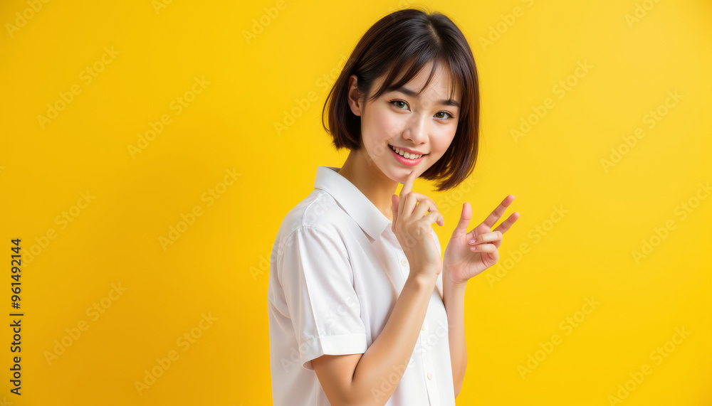 Cheerful young woman posing with a playful expression against a bright yellow background, showcasing confidence and joy. Cheerful young woman posing with a playful expression against a bright yellow background, showcasing confidence and joy.