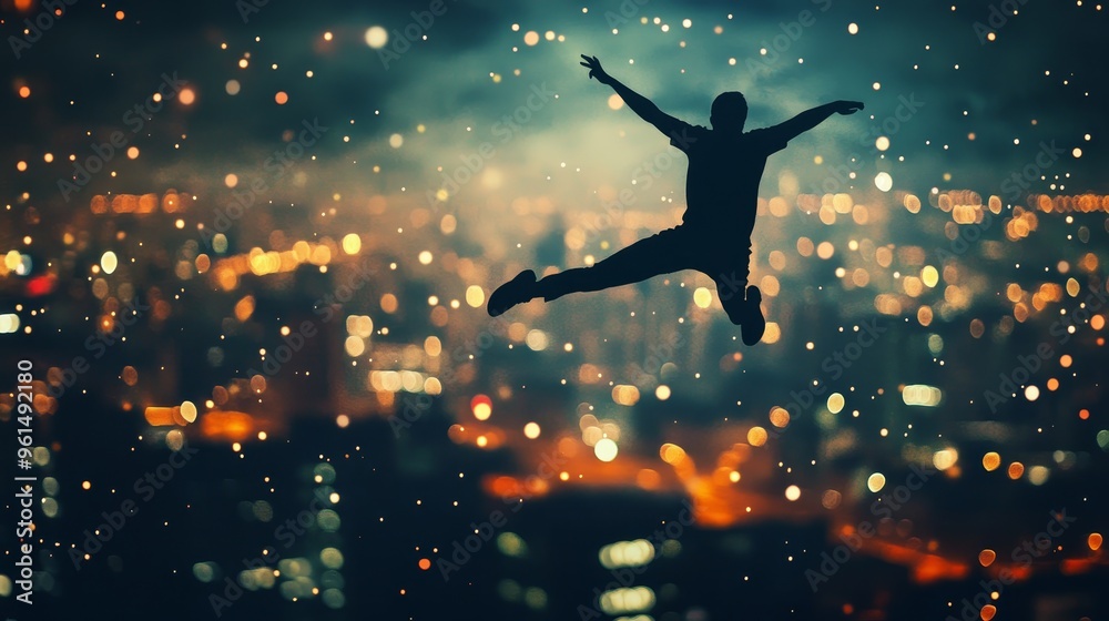 A silhouette of a person leaping through the air above a cityscape at night, with glittering lights and a sense of freedom and exhilaration. The image symbolizes courage, ambition, and the pursuit of A silhouette of a person leaping through the air above a cityscape at night, with glittering lights and a sense of freedom and exhilaration. The image symbolizes courage, ambition, and the pursuit of