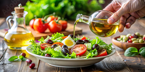 Hand pouring olive oil over a fresh salad, healthy fats for brain health, Mediterranean diet concept