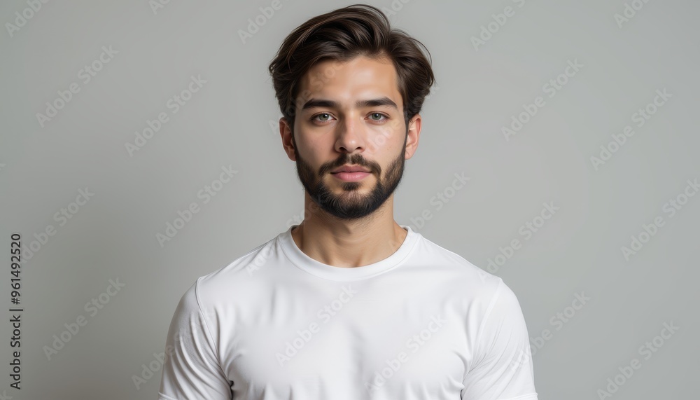 Portrait of a young man with a beard and stylish hairstyle, looking confidently at the camera against a neutral background. Portrait of a young man with a beard and stylish hairstyle, looking confidently at the camera against a neutral background.