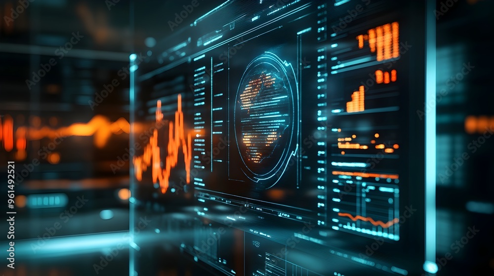 Obraz premium A holographic representation of a futuristic virtual trading environment with detailed data visualization and analytics for financial assets and market intelligence