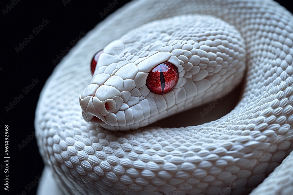 Fototapeta premium A close-up view of a white snake with striking red eyes resting peacefully on a textured surface in a serene environment