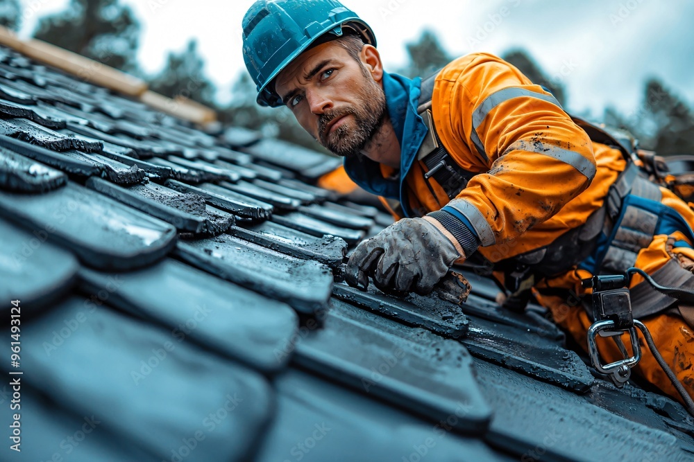A construction worker safely installs concrete roof tiles on a building, showcasing safety measures. Ideal for Business safety campaigns and construction-related events. A construction worker safely installs concrete roof tiles on a building, showcasing safety measures. Ideal for Business safety campaigns and construction-related events.