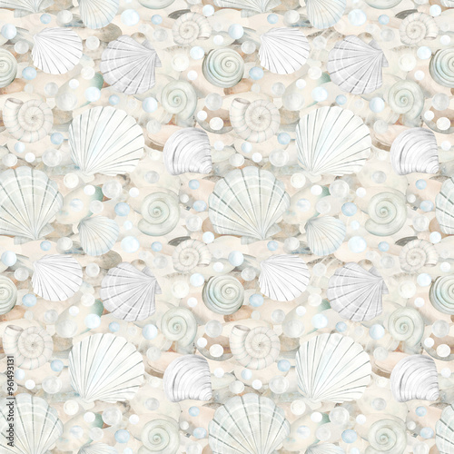 Seamless pattern of beige sea shells, bubbles and pebbles watercolor illustration on pebble background. Hand drawn ocean clams clipart for nautical and seaside designs in monochrome pastel colors. photo