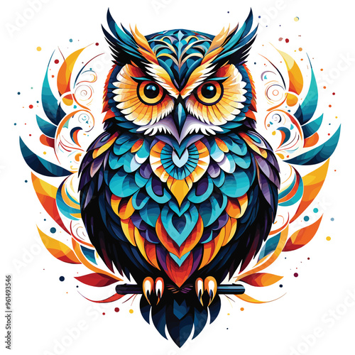 Colorful geometric owl illustration on white background, perfect for art prints, home decor