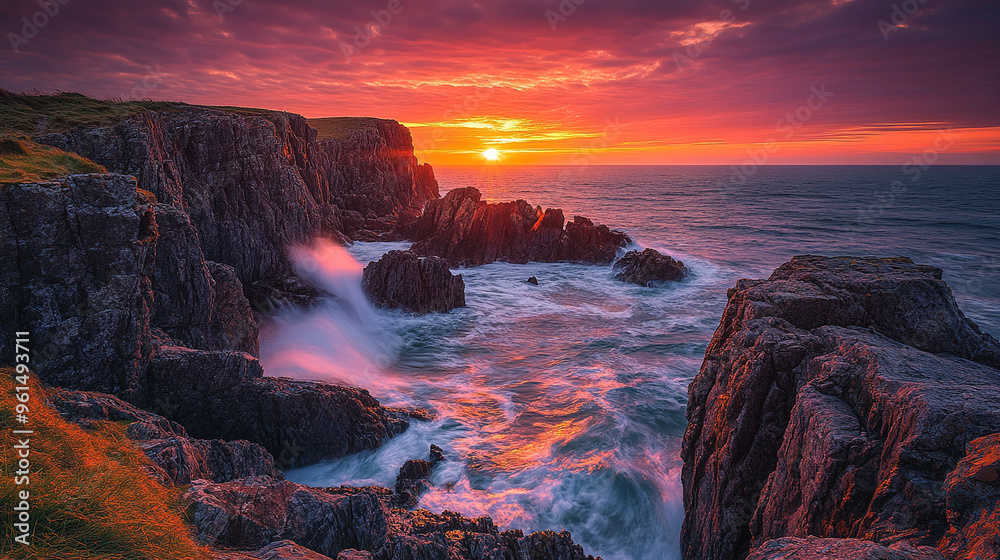 Fototapeta premium A stunning coastal cliffside with waves crashing against the rocks, highlighted by a vibrant sunset painting the sky in hues of orange, pink, and purple, creating a breathtaking natural scene.
