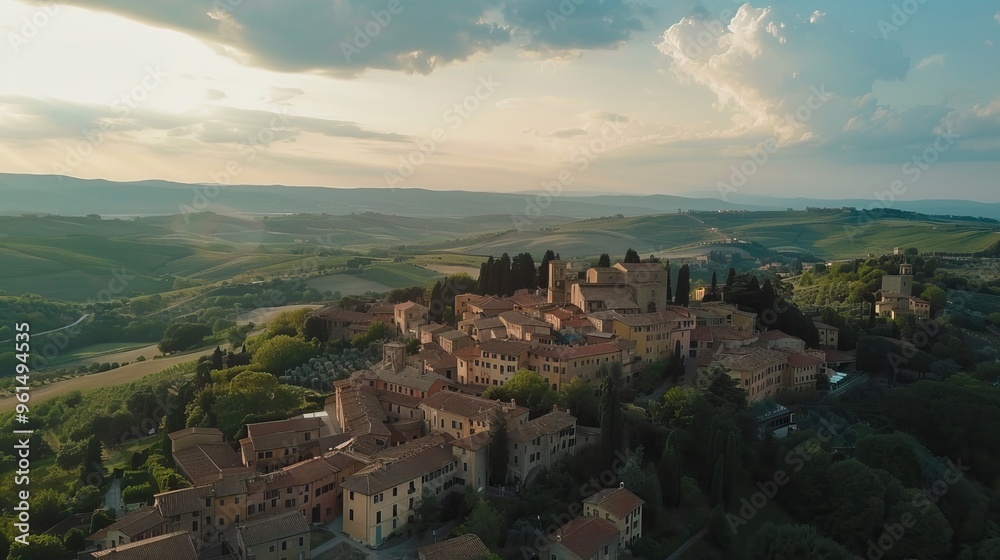 Fototapeta premium Tuscan Village Sunset Aerial View