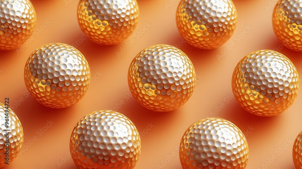 arrangement of goldenhued golf balls on a saffron background dimpled textures and subtle shadows create depth ideal for sports and leisure themed designs arrangement of goldenhued golf balls on a saffron background dimpled textures and subtle shadows create depth ideal for sports and leisure themed designs