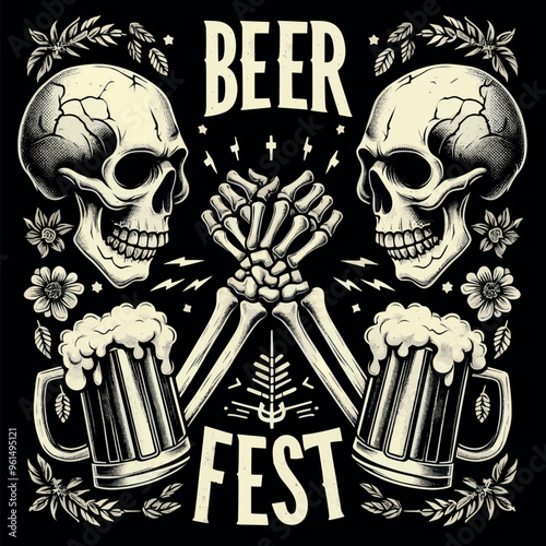 Vector Streetwear T-shirt design a Skeleton with a  Beer. Beerfest