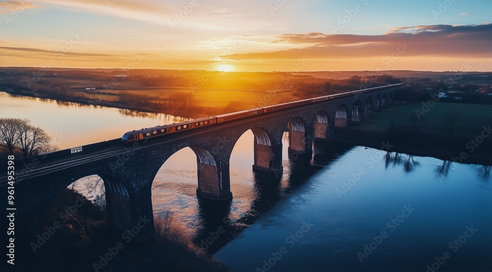 Fototapeta premium Sunset Drone Photography of Bridge Crossing River Highlighting Transportation, Connectivity, and the Calm Power of Nature