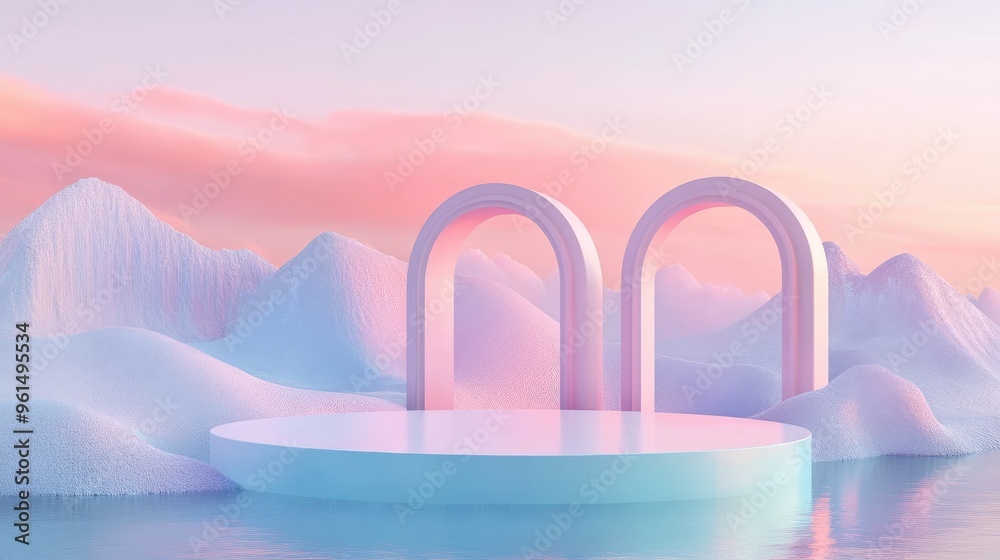 Abstract pastel landscape with floating arches and a podium, ideal for product showcasing. Abstract pastel landscape with floating arches and a podium, ideal for product showcasing.