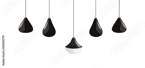 Five black pendant lights with one white light in the middle on a white background.