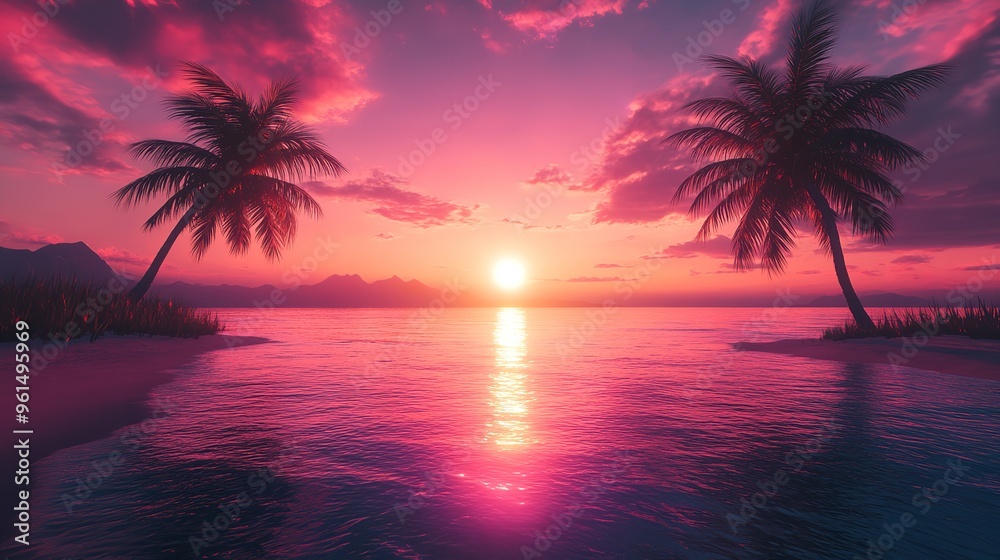 Stunning tropical sunset over calm ocean with vibrant colorful sky, palm trees silhouetted against the glowing horizon and tranquil water reflectionsTropical sunset Stunning tropical sunset over calm ocean with vibrant colorful sky, palm trees silhouetted against the glowing horizon and tranquil water reflectionsTropical sunset