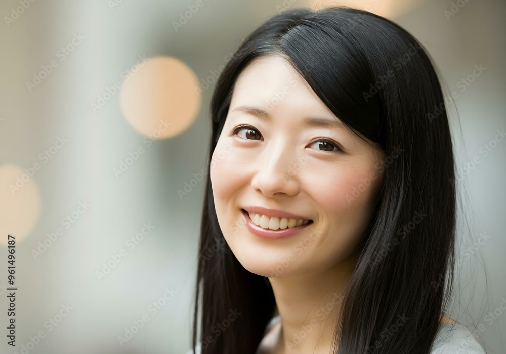Beautiful woman with flowing hair is smiling softly, portrait woman Beautiful woman with flowing hair is smiling softly, portrait woman