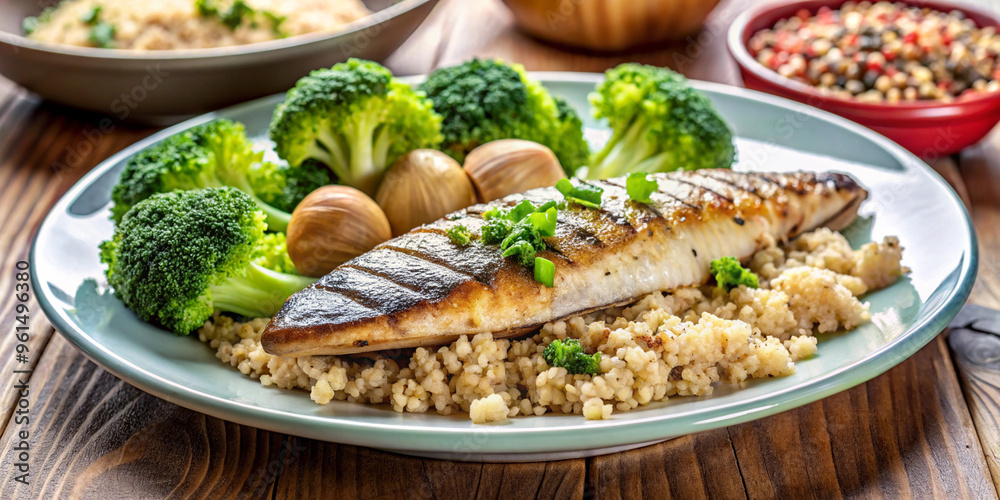 Grilled mackerel with quinoa and steamed broccoli, high in omega-3s, brain health and wellness Grilled mackerel with quinoa and steamed broccoli, high in omega-3s, brain health and wellness