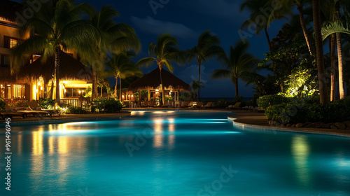 Wallpaper Mural Zachwycający basen w luksusowym tropikalnym kurorcie oświetlony nocnym światłem, tworzący elegancką i relaksującą atmosferę.  Torontodigital.ca