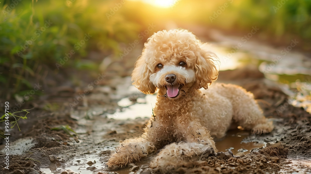 Fluffy, curly poodle dog with a happy expression lying in a muddy puddle. Generated AI Fluffy, curly poodle dog with a happy expression lying in a muddy puddle. Generated AI