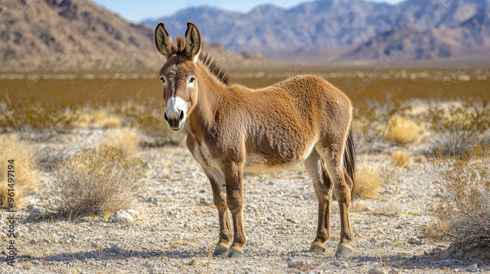Resilient Donkey in Arid Desert Landscape with Weathered Coat and Sparse Vegetation Resilient Donkey in Arid Desert Landscape with Weathered Coat and Sparse Vegetation