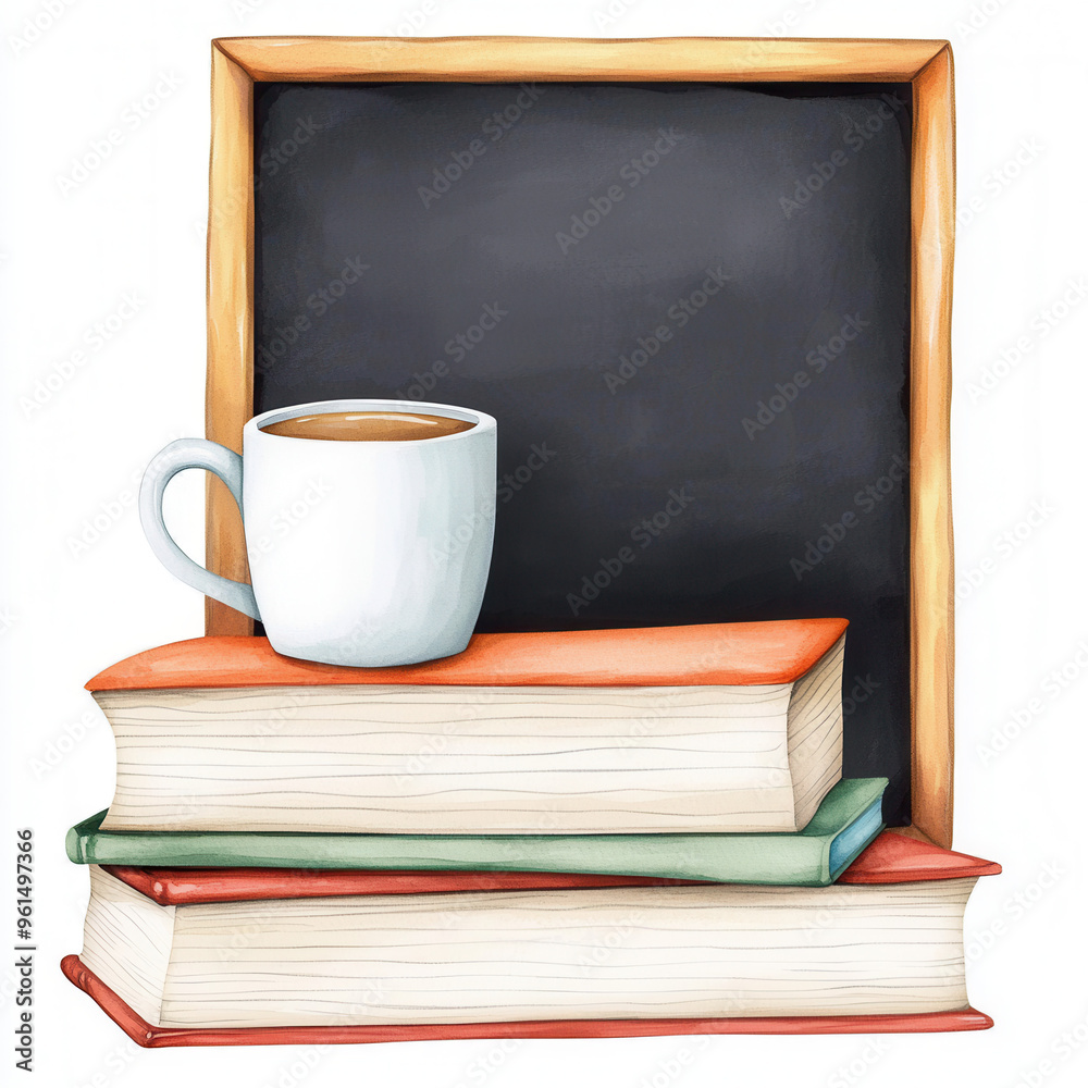 Cup of coffee on stacked books with a blackboard background, perfect for educational or academic themes. Cup of coffee on stacked books with a blackboard background, perfect for educational or academic themes.