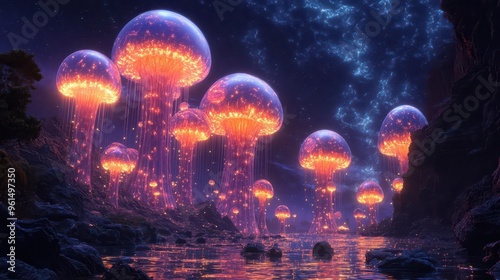 bioluminescent alien seascape with towering mushroomlike structures and floating translucent eggshaped organisms photo