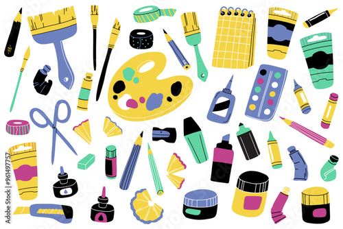 Hand drawn art supplies set: paint tubes, brushes, pencils, watercolor, palette, crayons. Drawing and painting tools. Flat minimalist collection of isolated vector elements. Art classes and workshops
