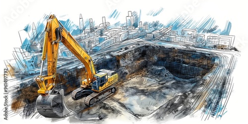 Urban development illustration excavator digging foundation at construction site with cityscape backdrop, architectural sketch banner, copy space