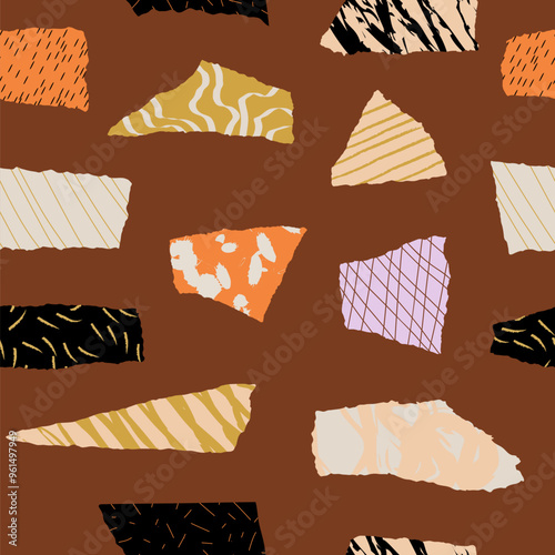 Seamless pattern with doodle textured paper elements. Abstract contemporary collage graphic print witn flat cutout and torned shapes. Vector geometric repeat design. Dark green modern artistic surface