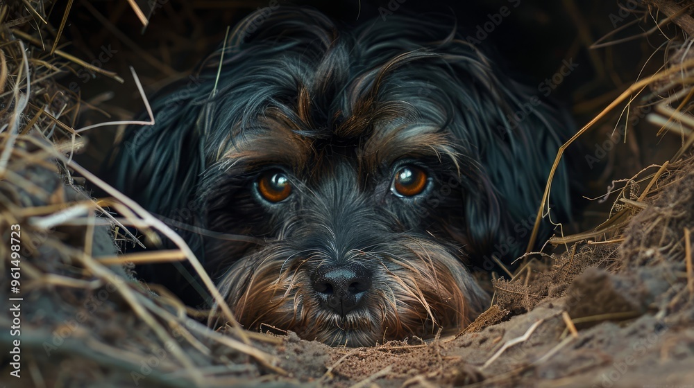 A tight shot of a dog gazing at the camera with wide-open eyes amidst a mound of hay A tight shot of a dog gazing at the camera with wide-open eyes amidst a mound of hay
