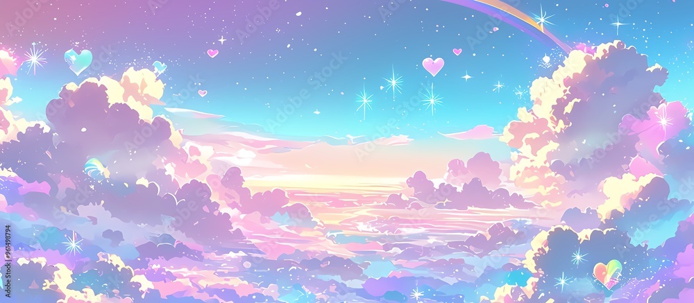 A dreamy landscape features soft pastel clouds, a serene sky, and glistening stars, creating a whimsical atmosphere of tranquility. A dreamy landscape features soft pastel clouds, a serene sky, and glistening stars, creating a whimsical atmosphere of tranquility.