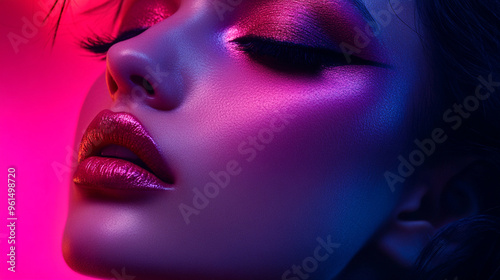 Close-up portrait of woman with glowing neon makeup