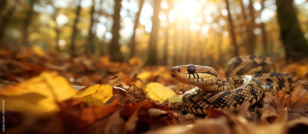 A snake resting among colorful autumn leaves in a sunlit forest, showcasing nature's beauty and wildlife in harmony. A snake resting among colorful autumn leaves in a sunlit forest, showcasing nature's beauty and wildlife in harmony.