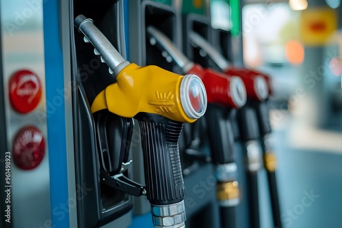 Closeup of a Yellow Fuel Pump Nozzle at a Gas Station photo