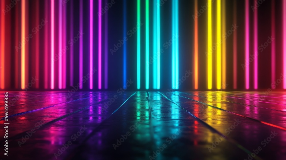 A vibrant and abstract background featuring a wall of colorful neon lights in a rainbow spectrum, casting reflections on a wet wooden floor. The image symbolizes energy, vibrancy, creativity, and mode A vibrant and abstract background featuring a wall of colorful neon lights in a rainbow spectrum, casting reflections on a wet wooden floor. The image symbolizes energy, vibrancy, creativity, and mode