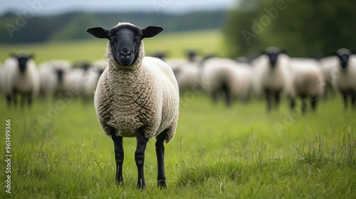 A lone sheep with black legs and a black face gazes into the distance. photo