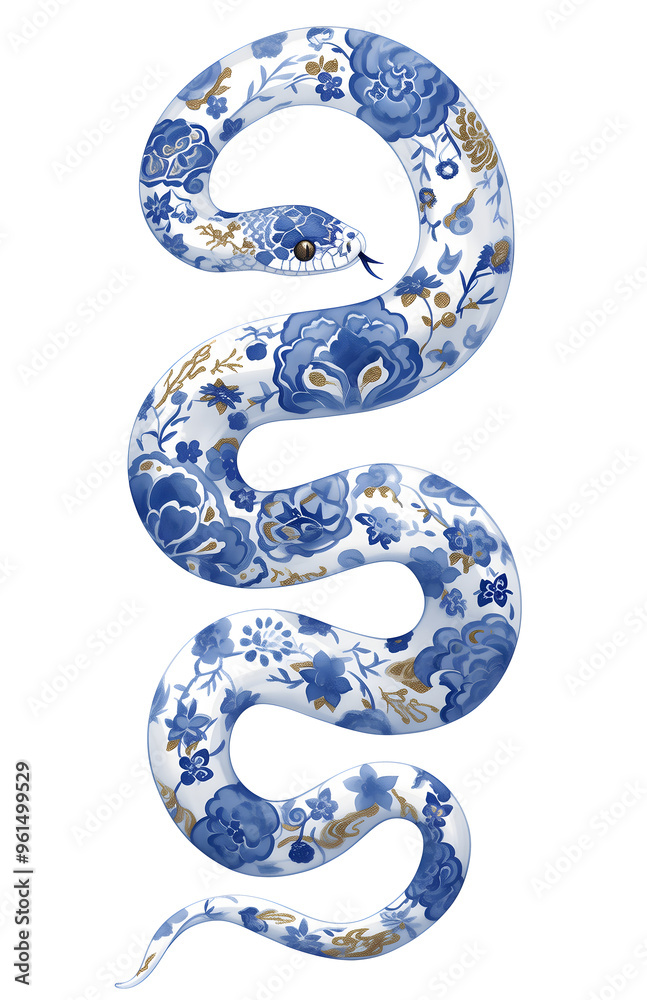 Fototapeta premium Blue and white snake illustration in style of ancient chinese art, blue and white chinoiserie pocelain ornament snake. Chinese New Year 2025 lunar symbol isolated