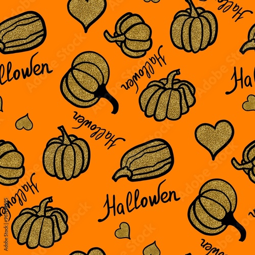 seamless pattern halloween classic golden pumpkins on orange background photo