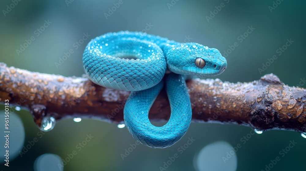 Obraz premium A vibrant blue viper snake gracefully coiled around a branch, its scales shimmering with water droplets. The snake's bright color contrasts beautifully with the green foliage background, creating a s