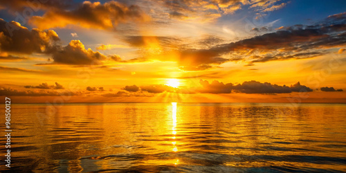 Golden sunset over a calm sea, clear weather, warm glow on the horizon