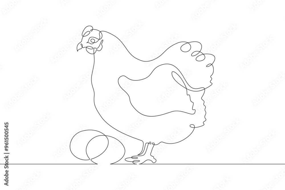 Continuous one line drawing laying hen. Portrait of a hen next to eggs. Chicken. Animals on the farm. One continuous line isolated minimal illustration. Continuous one line drawing laying hen. Portrait of a hen next to eggs. Chicken. Animals on the farm. One continuous line isolated minimal illustration.