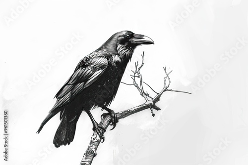 silhouette of raven perched on bare branch, creating dark, mysterious atmosphere, copy space