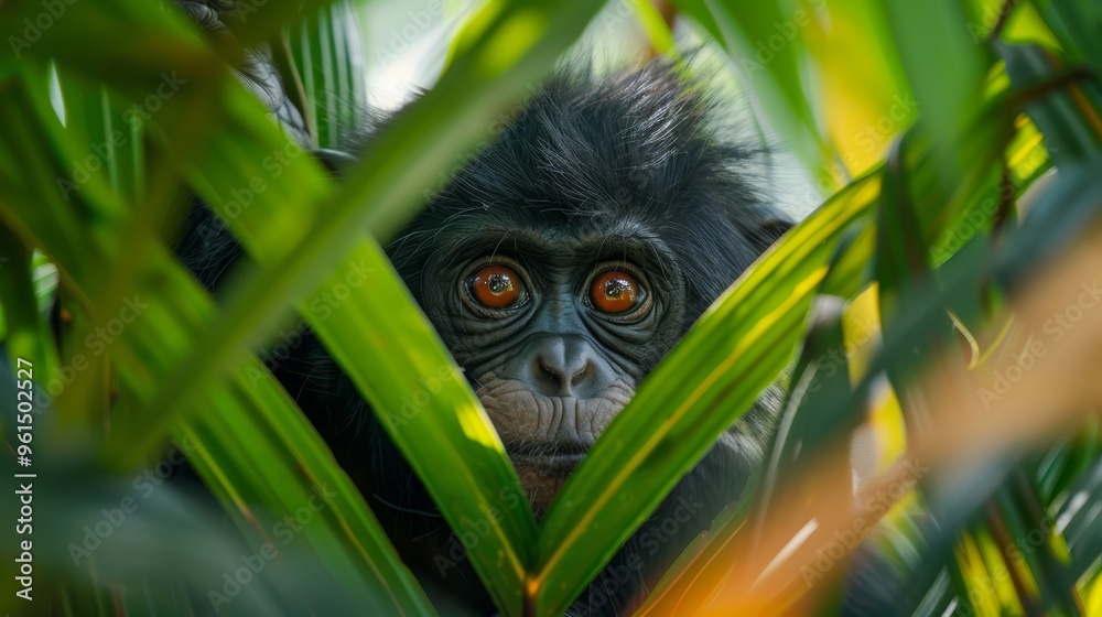 Obraz premium A monkey, gazing seriously from a tree's branches, faces the camera in this close-up image