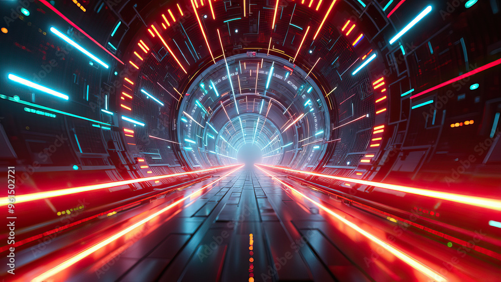 Futuristic tunnel with glowing red and blue neon laser lights Futuristic tunnel with glowing red and blue neon laser lights